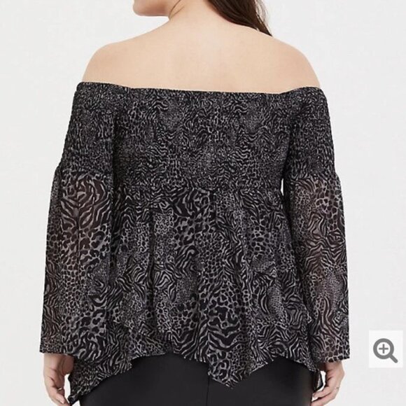 Torrid 4X Off Shoulder Animal Print Top Boho Sheer Bell Sleeve Peplum Blouse - Picture 3 of 11